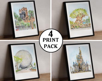 Disney Parks *4 PACK*. Park Art Prints from my detailed illustrations. Magic Kingdom, Animal Kingdom, Epcot & Hollywood Studios art prints