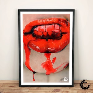 May include: A close-up of a red, glossy, open mouth with teeth and dripping blood. The image is a drawing.