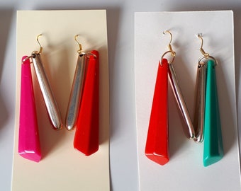 60/'s style Retro mary quant twiggy acrylic hand made oversized DANGLE earrings 60/'s style Red or deep Pink