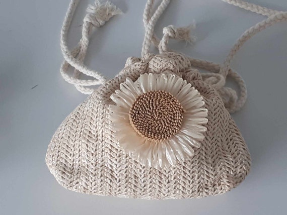BOHO Small Straw Woven Bucket Bag Draw string fas… - image 3