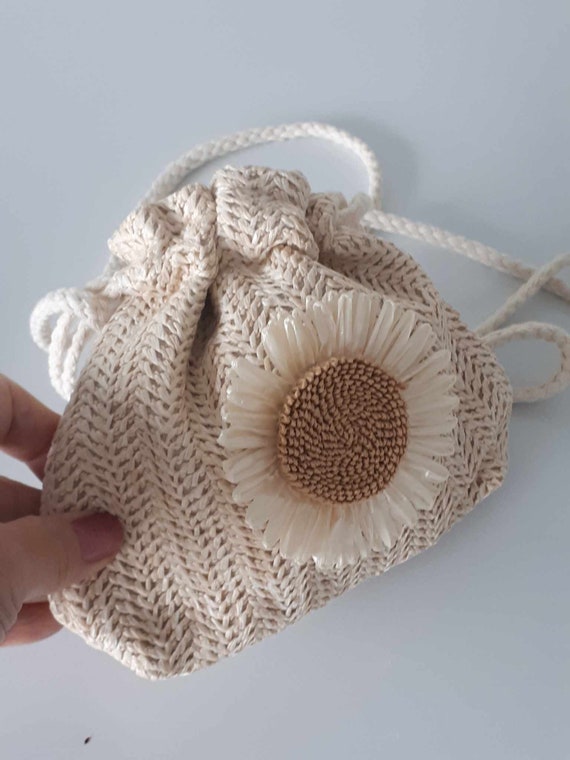 BOHO Small Straw Woven Bucket Bag Draw string fas… - image 1