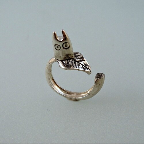 Handmade silver ring, one size,small white Totoro on a leaf, inspired by the movie "My Neighbor Totoro" Studio Ghibli