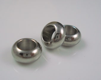Stainless Steel Beads, 6MM Hole Smooth Rondelle Bead for Leather or Cord, THREE Pieces (SSB10)