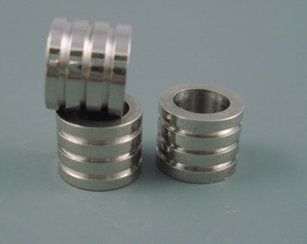 Stainless Steel Beads, 6.5mm Hole Grooved Column Bead for Leather or Cord, THREE Pieces  (SSB11)