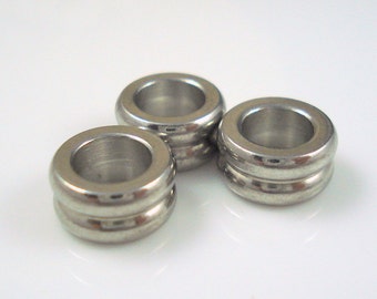 Stainless Steel Beads, 6MM Hole Grooved Narrow Column Bead for Leather or Cord, THREE Pieces  (SSB6)