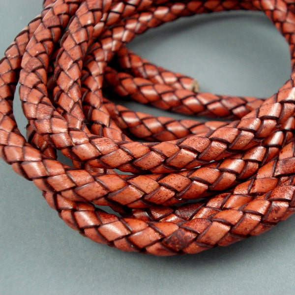 Braided Leather German Cord, 6MM Antique Tan Bolo Leather, Extremely Fine Quality, Smooth and Flexible All Leather, One Yard