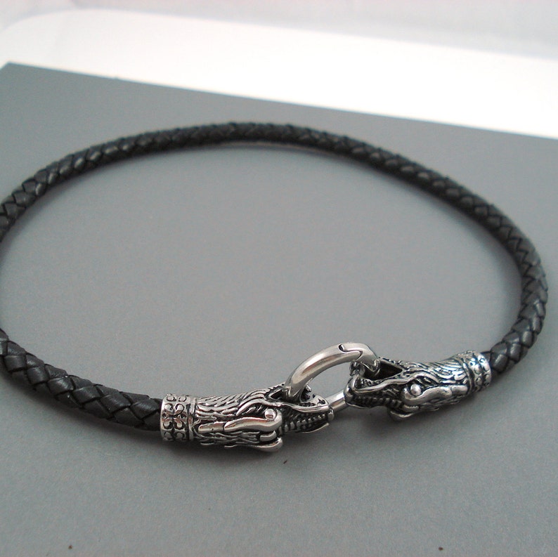 Black Leather Choker Necklace 6MM Leather with Stainless Steel Dragon Clasp Available in Smooth or Braided Leather