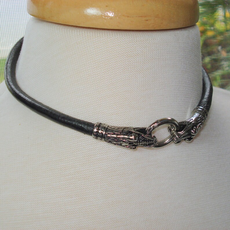 Black Leather Choker Necklace 6MM Leather with Stainless Steel Dragon Clasp Available in Smooth or Braided Leather