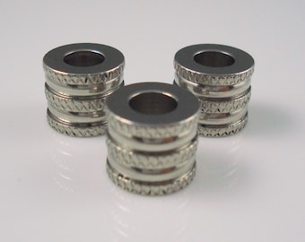 Stainless Steel Beads, 6MM Hole Etched and Grooved Bead for Leather or Cord, THREE Pieces  (SSB19)