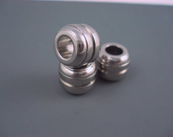 Stainless Steel Beads, 5MM Hole Grooved Rondelle Bead for Leather or Cord, THREE Pieces (SSB24)