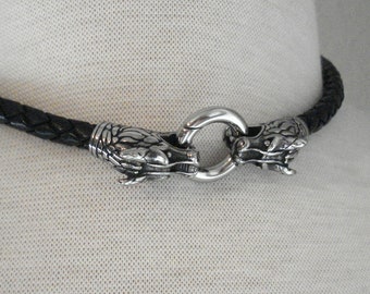 Black Leather Choker Necklace, 6MM Leather with Stainless Steel Dragon Clasp, Available in Smooth or Braided Leather