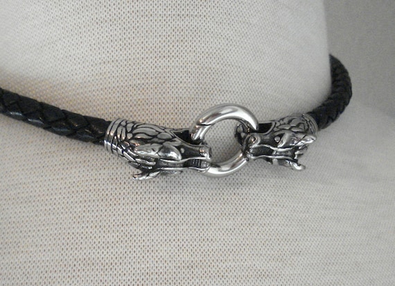 Black Leather Choker Necklace, 6MM Leather with Stainless Steel Dragon Clasp, Available in Smooth or Braided Leather