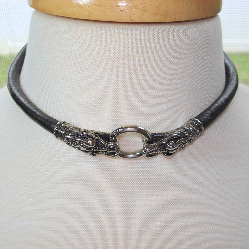 Black Leather Choker Necklace 6MM Leather with Stainless Steel Dragon Clasp Available in Smooth or Braided Leather