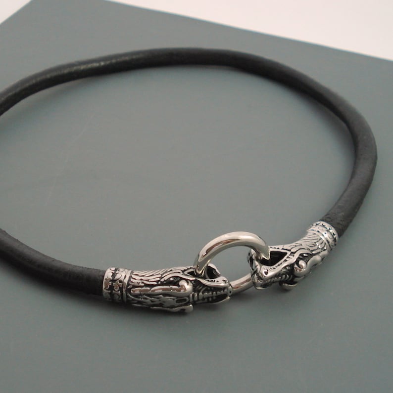 Black Leather Choker Necklace 6MM Leather with Stainless Steel Dragon Clasp Available in Smooth or Braided Leather
