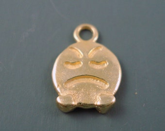 ON SALE Mad or Frown  Emoticon Charm, 10MM Two Sided Mad Face Charm, Gold Plated Brass (emoji)