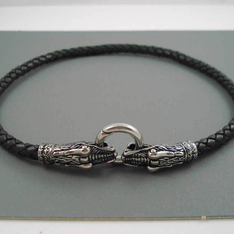 Black Leather Choker Necklace 6MM Leather with Stainless Steel Dragon Clasp Available in Smooth or Braided Leather