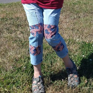 Crop Patriotic Jeans 14 ~ Pedal Pushers American Flag Patches 4th of July Independence USA Pants Skinny