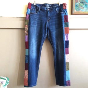 Side Patchwork Jeans 16 + Colorful Multi Pattern Patches Dark Rockstar Skinny Upcycled Boho Hippie Festival Pants Made in USA