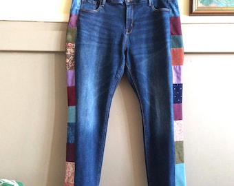Side Patchwork Jeans 16 + Colorful Multi Pattern Patches Dark Rockstar Skinny Upcycled Boho Hippie Festival Pants Made in USA