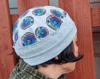 BERTHA HAT Handmade Grateful Dead Cap Stretchy Gray Slouch Skull Beanie Foldable Rim Upcycled Recycled Hippie Clothes Festival Tour S - L