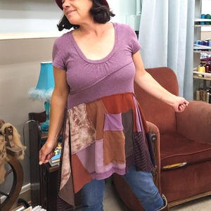 Earthy Purple Patchwork Top M L Upcycled Boho Hippie Tunic Recycled T Shirts Brown Rust Lavender