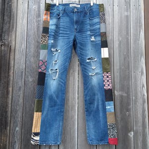 MENS PATCHWORK Jeans 40 x 32 Upcycled Funky Unique Pattern Mix Distressed Patch Jeans Hippie Punk Festival Tour Clothes Handmade in America
