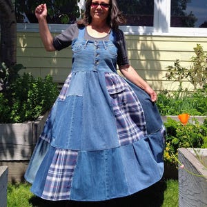 blue checkered overall dress Denim Plaid Colorblock Overall Dress