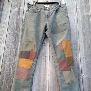 Men's Patch Jeans Olive Green Mustard Brown Stretchy Denizen Slim 33 x 32