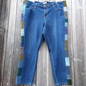 Side Patchwork Jeans 22 + Upcycled Blue Green Mix Dark Denim Stretchy Patched Hippie Pants