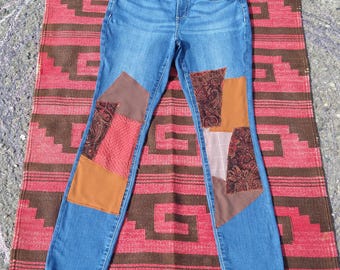 Women's Patched Jeans 6 ~ Earthy Rustic Knee Patches Mid Rise Skinny Hippie Patchwork Boho Pants