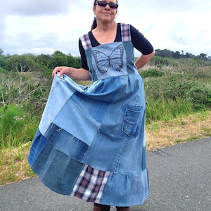 Denim Patchwork Dress L XL Recycled Blue Jean Jumper with Butterflies & Plaid Upcycled Long Hippie Boho