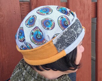 BERTHA HAT Handmade Grateful Dead Cap Stretchy Gold Tree Skull Beanie Soft Rolled Rim Upcycled Recycled Hippie Clothes Festival Tour M - L