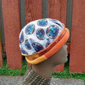 BERTHA HAT Handmade Grateful Dead Cap Adjustable Rolled Rim Stretchy Gold Skull Beanie Upcycled Recycled Hippie Clothes Festival Tour M image 7