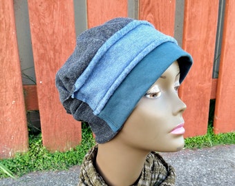 PATCHWORK HAT Handmade Upcycled T Shirt n Sweater Skull Cap Blue Green Charcoal Beanie Soft Recycled Hippie Boho Clothes Men's M - L