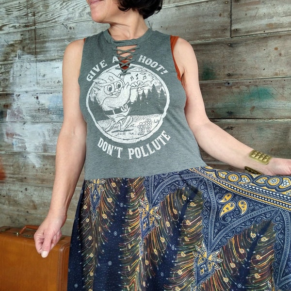 DON'T POLLUTE DRESS Upcycled Hippie Nature Sleeveless Tank Thai Pattern Skirt Boho Tunic Olive Green Black Gold Environment Give a Hoot S