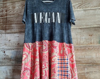 VEGAN T SHIRT DRESS Vegan Dress Plant Based Hippie Dress Upcycled Dress Upcycled Clothes Upcycled Top Funky Dress Beach Dress T Shirt M - L