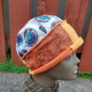BERTHA HAT Handmade Grateful Dead Cap Adjustable Rolled Rim Stretchy Gold Skull Beanie Upcycled Recycled Hippie Clothes Festival Tour M image 3