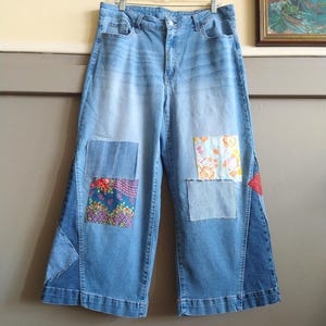 Patched Jeans 14 Wide Leg Floral Denim Patchwork Knees Side Inserts Patches Bright Earthy Hippie Boho Pants High Rise Faded Shabby Chic Wear