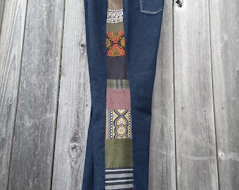 Side Patchwork Jeans 8 Dark Denim Earthy Multi Pattern Patches Hippie Boho Festival Handmade in USA