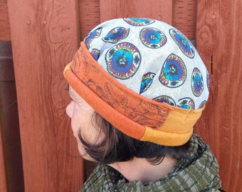 BERTHA HAT Handmade Grateful Dead Cap Adjustable Rolled Rim Stretchy Gold Skull Beanie Upcycled Recycled Hippie Clothes Festival Tour M