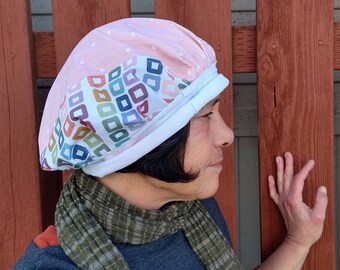 SCRAP HAT Slouch or Skull Pastel Mix Patchwork Hippie Rasta Tam Upcycled Textiles Stretchy Soft Jersey Cotton Boho Recycled Festival Pink L