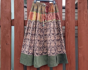 EARTHY HIPPIE SKIRT Petticoat Long Full Upcycled Tribal Brown Green Gold Recycled Boho Festival Wear Cord Adjustable Medium Stretchy M