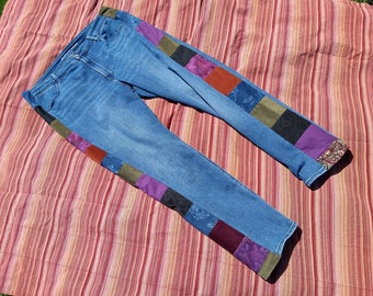 HIPPIE PATCHWORK JEANS Colorful Upcycled Pants Grateful Dead Tour Clothes High Rise Skinny Purple Green Blue Patches Recycled Boho 39 / 29.5