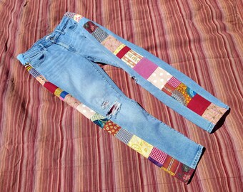 HIPPIE PATCHWORK JEANS Colorful Upcycled Levis Pants Grateful Dead Tour Clothes Bright Pink Yellow Blue Patches Recycled Boho 32 / 28