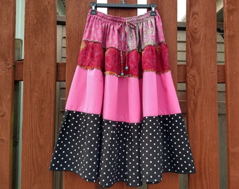 COLORFUL FULL SKIRT Hippie Black n Pink Silk Cotton Upcycled Sari Polka Dot Floral Recycled Boho Clothes Festival Wear up to 40 in Medium M