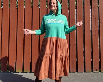 HOODIE DRESS Crater Lake T-Shirt Dress w/ Hood Apple Green n Rust Full Skirt Recycled n Upcycled Women's Tunic Casual Hippie Jammies M