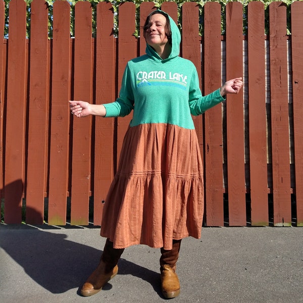 HOODIE DRESS Crater Lake T-Shirt Dress w/ Hood Apple Green n Rust Full Skirt Recycled n Upcycled Women's Tunic Casual Hippie Jammies M