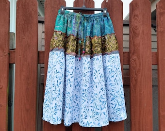 HIPPIE SKIRT Full Blue Green White Upcycled Sari Paisley Floral Recycled Boho Festival Wear Adjustable Stretchy to 40 in Medium M