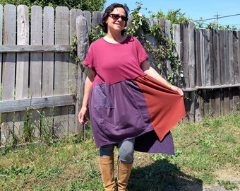 CRANBERRY PATCHWORK TOP or Dress Asymmetrical Bottom Pockets Boho Hippie Clothes Upcycled Clothing Purple Rust Funky StreetwearL