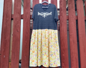 T-SHIRT DRESS Upcycled Rough n Rowdy Charcoal Top Butterfly Flannel Skirt Pocket Hippie Mommy Festival Recycled Funky Girly Maxi Yellow XL